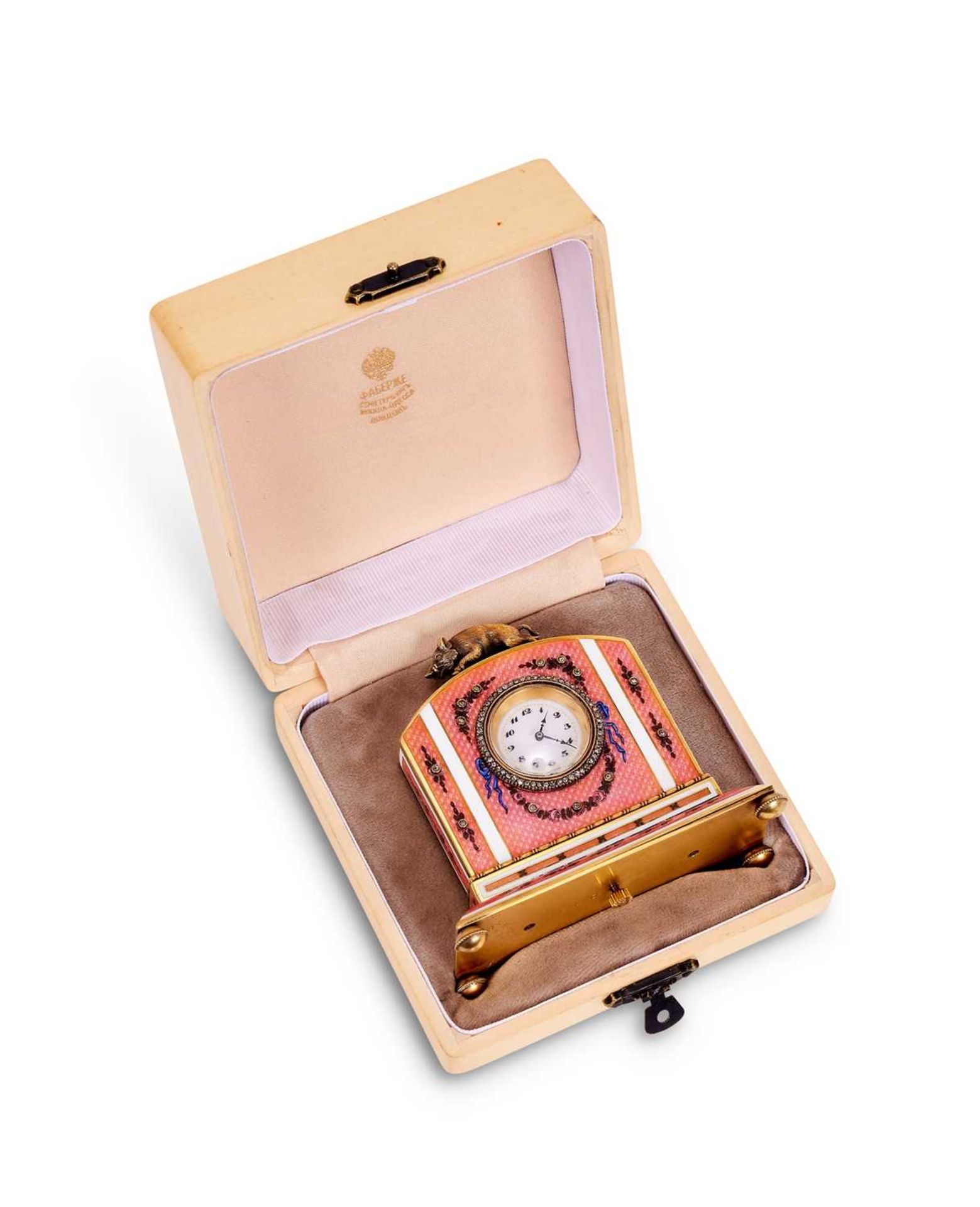 A FABERGE STYLE DIAMOND SET, GUILLOCHE ENAMEL AND SILVER GILT TRAVELLING CLOCK - Image 3 of 3