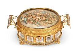 A RARE 19TH CENTURY PALAIS ROYALE ORMOLU CASKET WITH CUT PAPER DECORATION OF FLOWERS