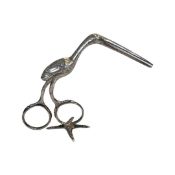 A PAIR OF SILVER 19TH CENTURY ENGLISH UMBILICAL CORD TONGS MODELLED AS A STORK