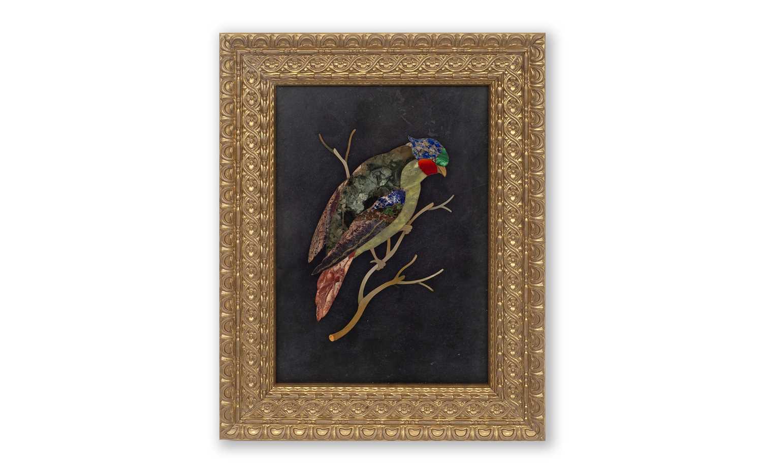 A 19TH CENTURY ITALIAN PIETRE DURE PANEL DEPICTNG A PARROT