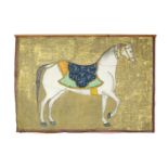 A LARGE EARLY 20TH CENTURY INDIAN GOUACHE ON LINEN PANEL OF A HORSE