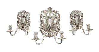 A SET OF THREE 17TH CENTURY DUTCH STYLE SILVER PLATED WALL SCONCES