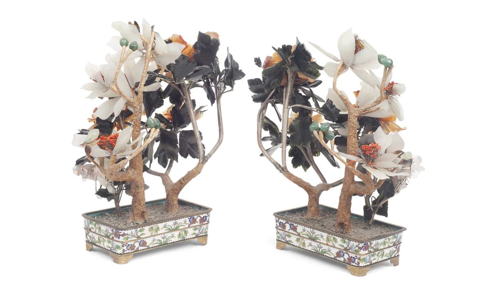 A PAIR OF 1960'S CHINESE ENAMEL AND HARDSTONE MOUNTED BONSAI TREES