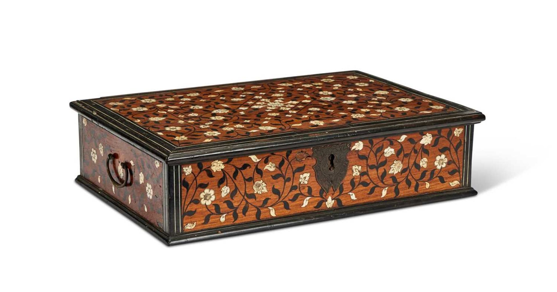 AN EARLY 18TH CENTURY ANGLO-INDIAN IVORY INLAID WORK BOX, PROBABLY GUJARAT