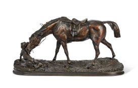 PIERRE JULES MÊNE (1810-1879): A BRONZE MODEL OF JUMENT À L’ÉCURIE JOUANT AVEC UN CHIEN