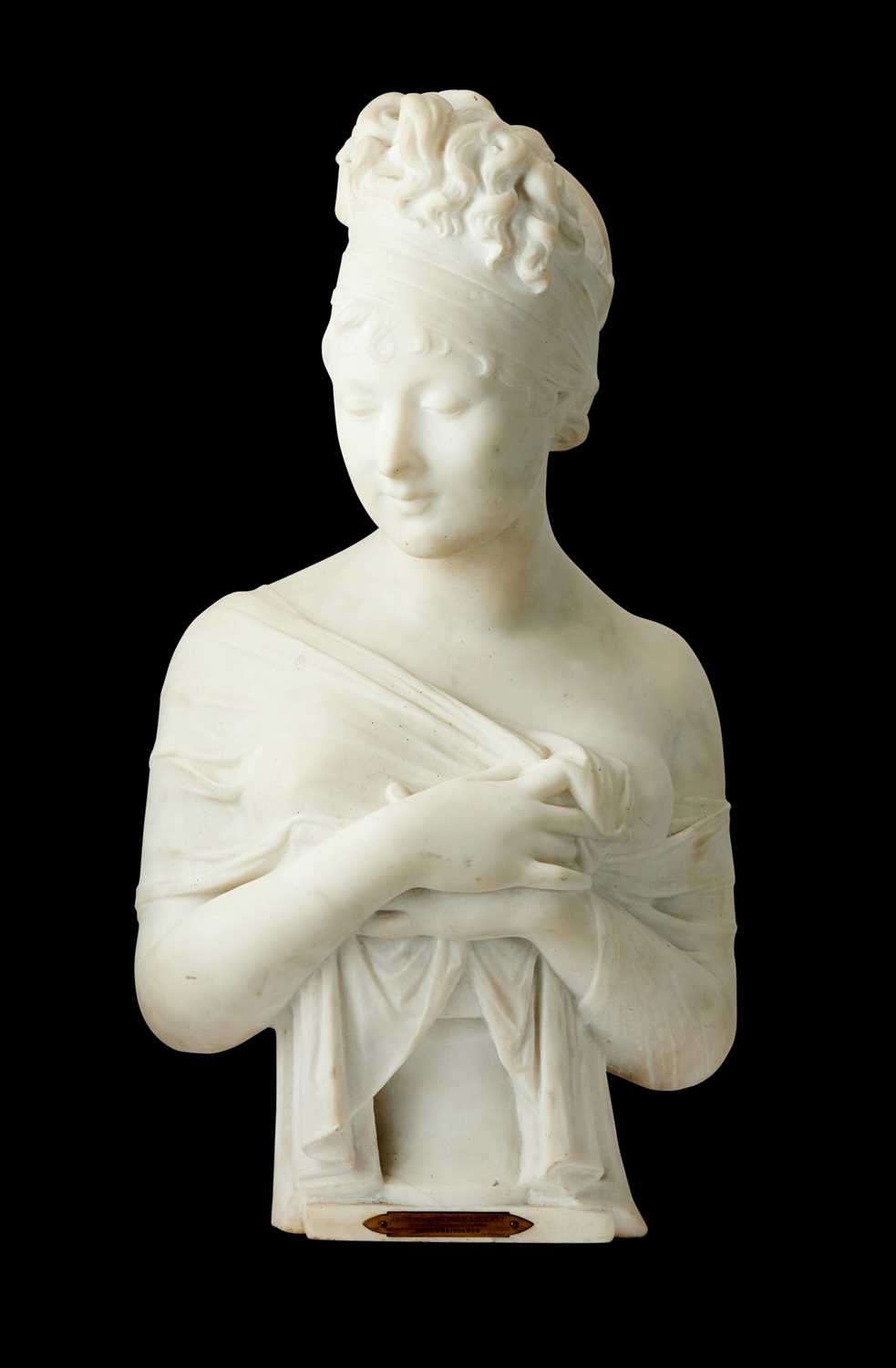 AFTER JOSEPH CHINARD (FRENCH, 1756-1813): A LATE 19TH CENTURY MARBLE BUST OF MADAME RECAMIER