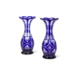A PAIR OF LATE 19TH CENTURY BOHEMIAN OVERLAY BLUE GLASS VASES