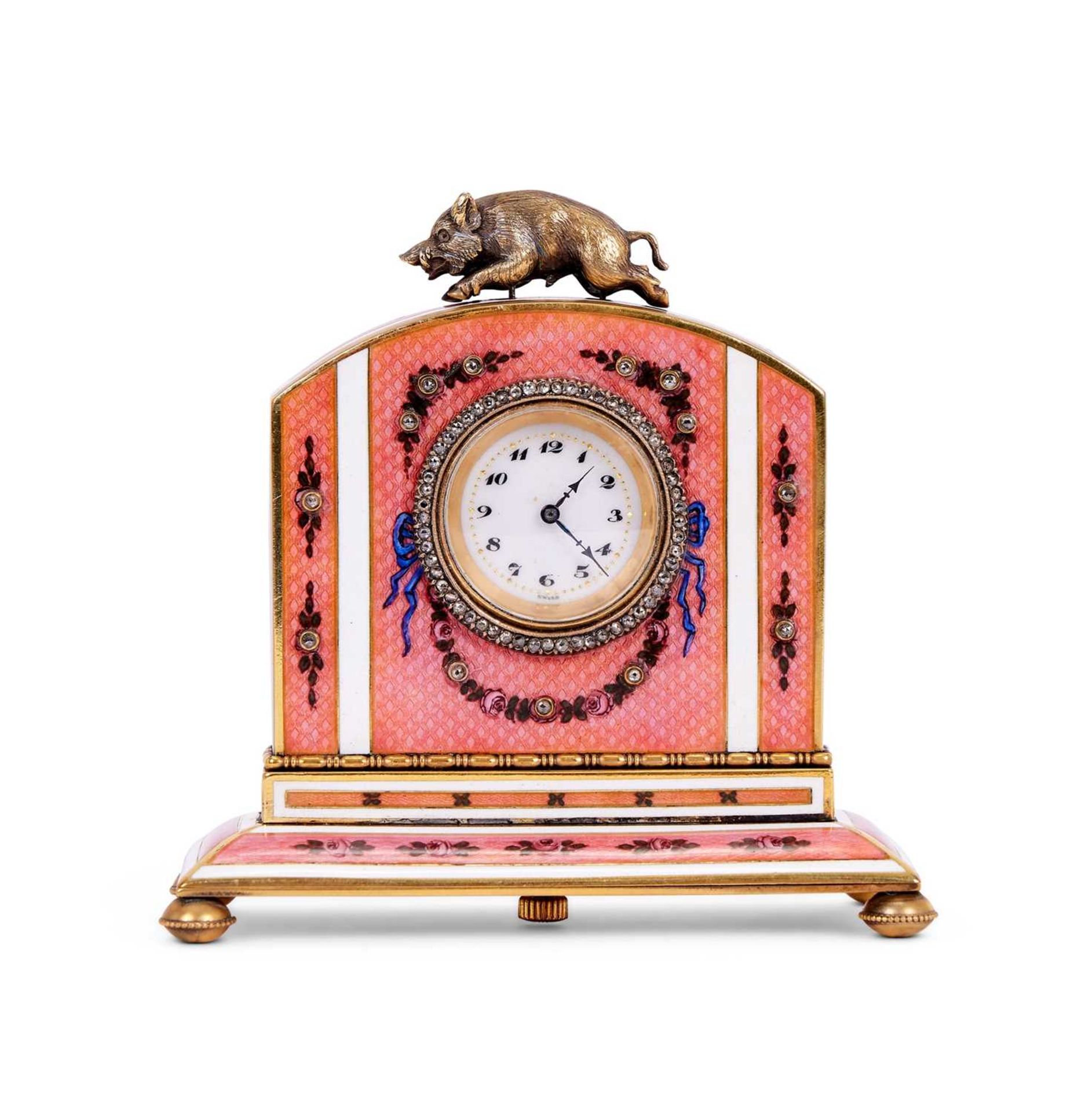 A FABERGE STYLE DIAMOND SET, GUILLOCHE ENAMEL AND SILVER GILT TRAVELLING CLOCK