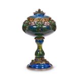 A LARGE EMERALD, GARNET, AND ENAMEL MOUNTED SILVER GILT URN, AUSTRIAN C. 1900