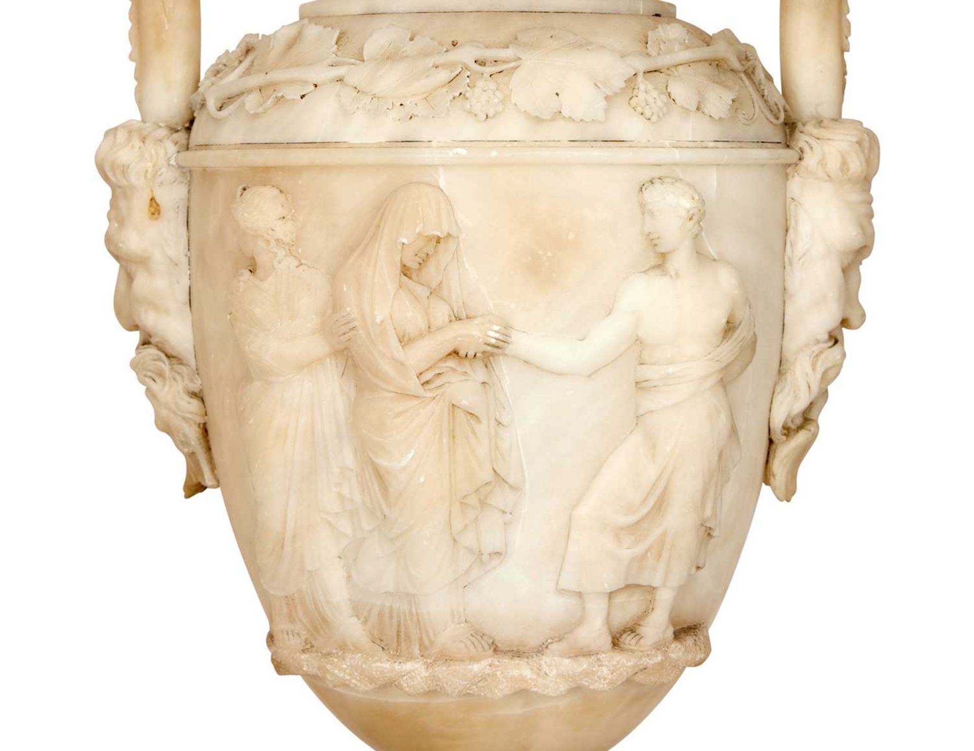 A LARGE PAIR OF 19TH CENTURY ITALIAN ALABASTER URNS AND COVERS IN THE STYLE OF PIRANESI - Image 6 of 12