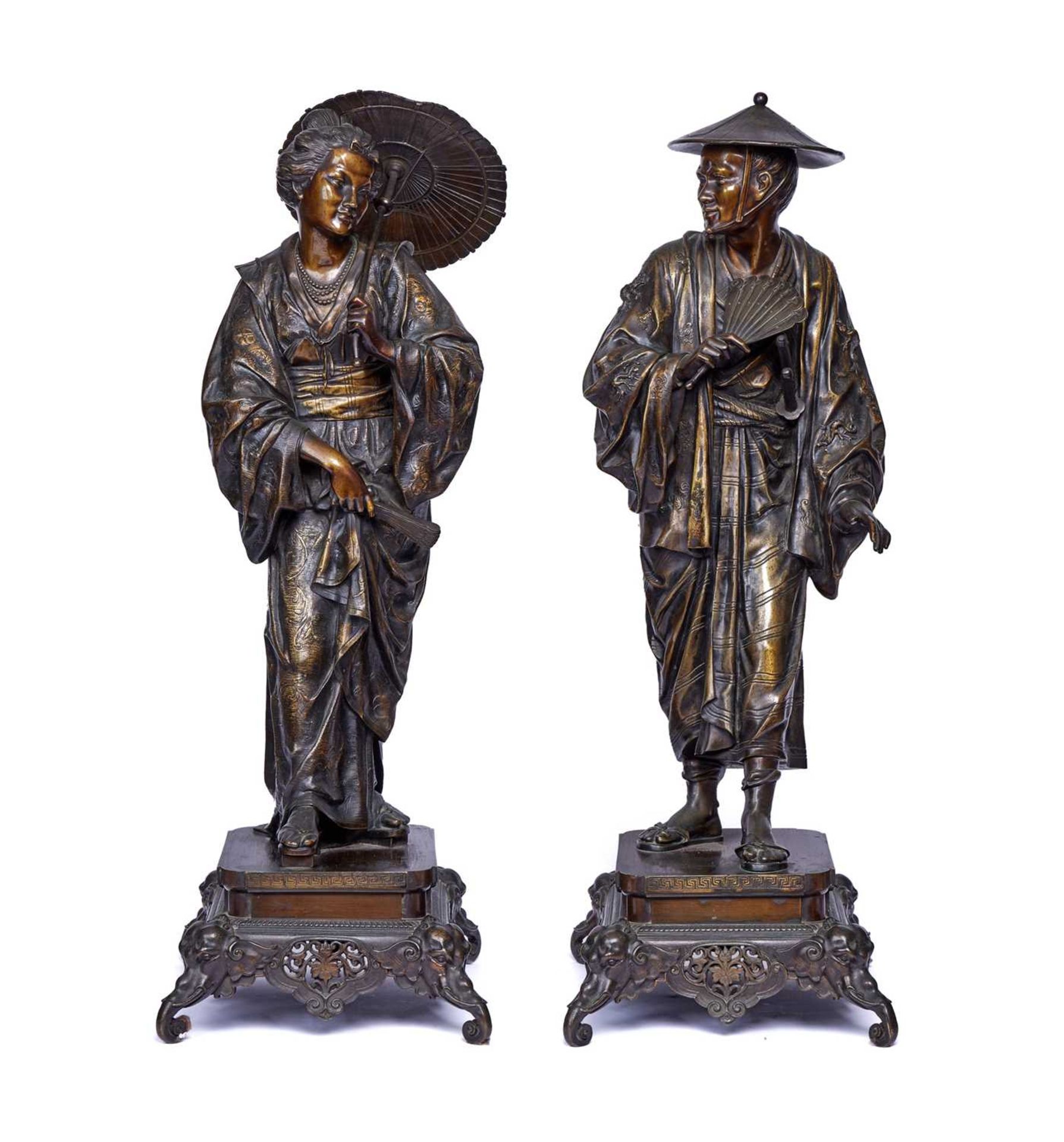 A FINE PAIR OF 19TH CENTURY FRENCH BRONZE 'JAPONISME' FIGURES