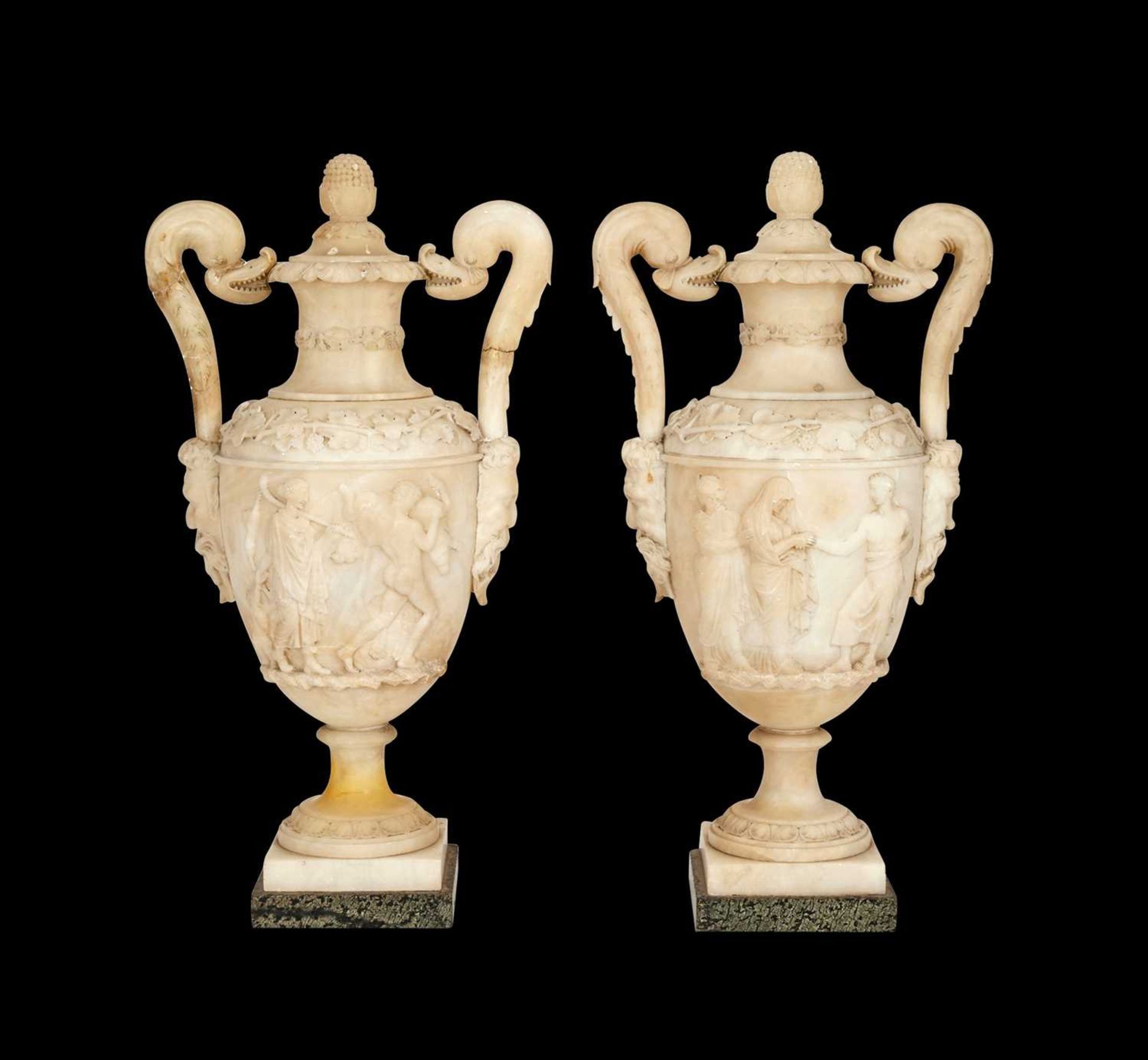 A LARGE PAIR OF 19TH CENTURY ITALIAN ALABASTER URNS AND COVERS IN THE STYLE OF PIRANESI - Image 8 of 12