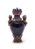 A FINE 19TH CENTURY VIENNESE ENAMEL, SILVER AND JEWELLED URN AND COVER OF ROYAL THEME
