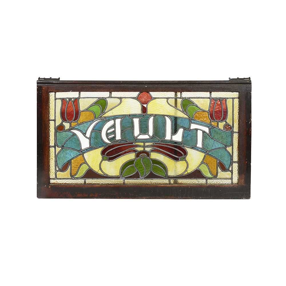 AN EARLY 20TH CENTURY ART NOUVEAU STYLE LEADED GLASS SIGN 'VAULT'