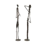 A PAIR OF ABSTRACT AFRICAN BRONZE FIGURES OF A HUNTER AND WATERCARRIER