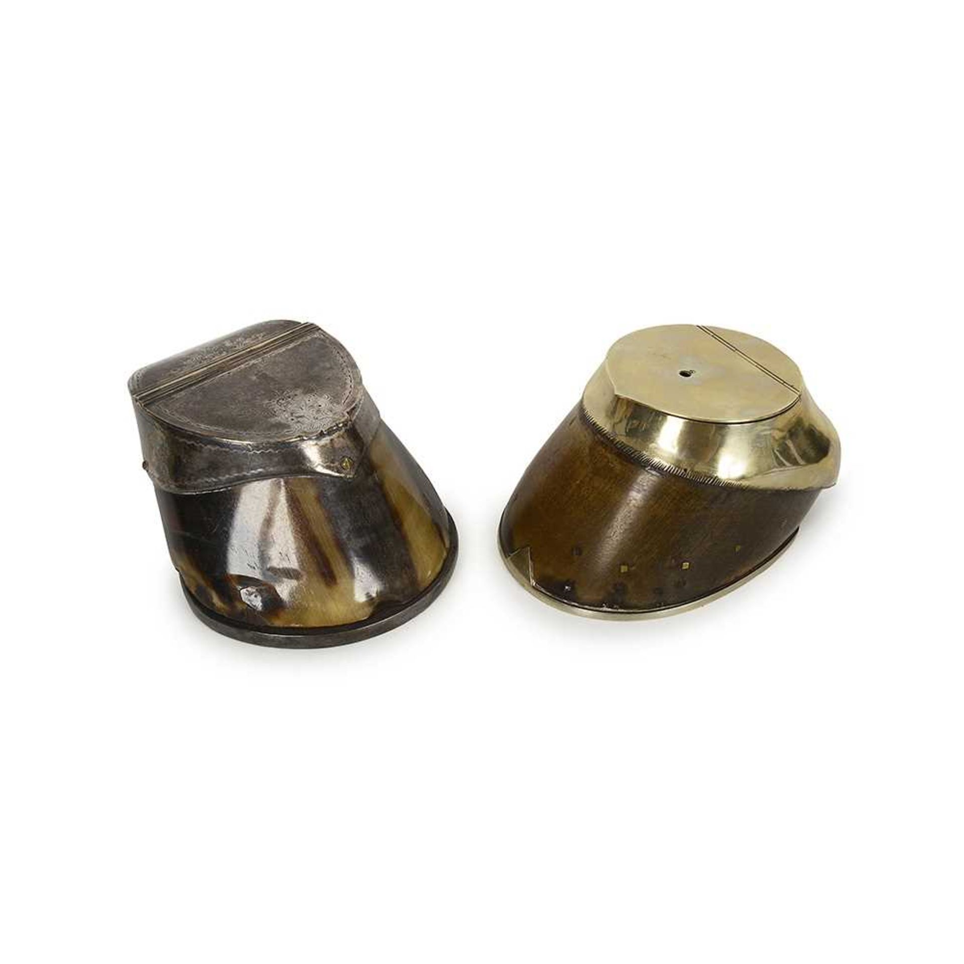 TWO LATE 19TH CENTURY SILVERED METAL HORSE HOOF BOXES