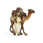 FRANZ BERGMAN (AUSTRIAN 1861 -1936): A COLD PAINTED BRONZE MODEL OF AN ARAB MAN WITH CAMEL