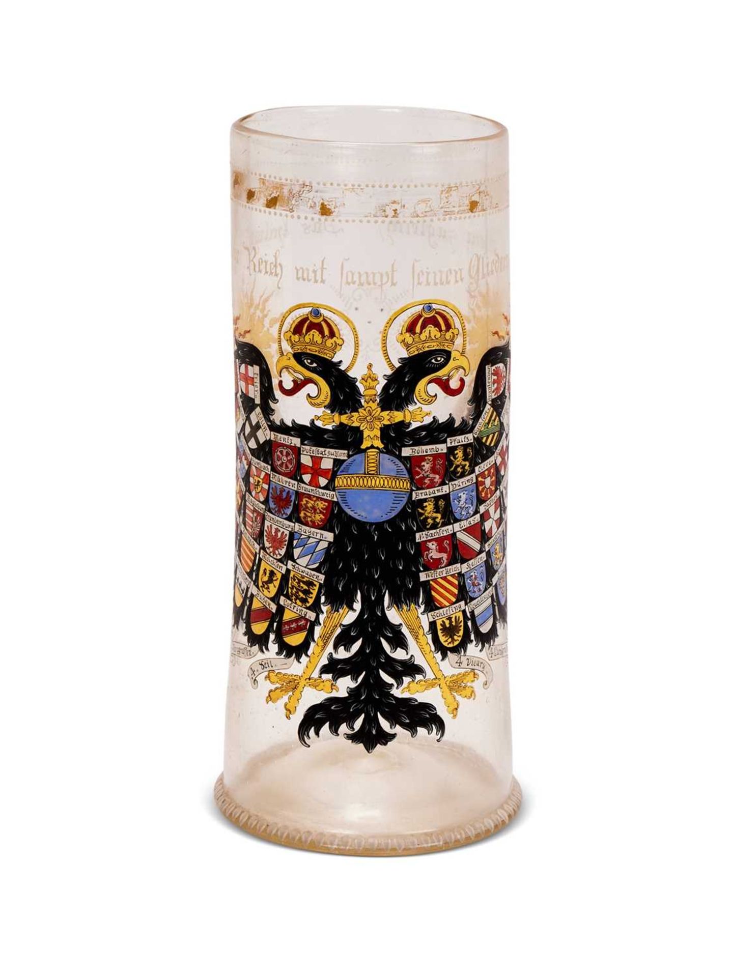 A MASSIVE GERMAN IMPERIAL EAGLE ENAMELLED GLASS BEAKER DATED 1624