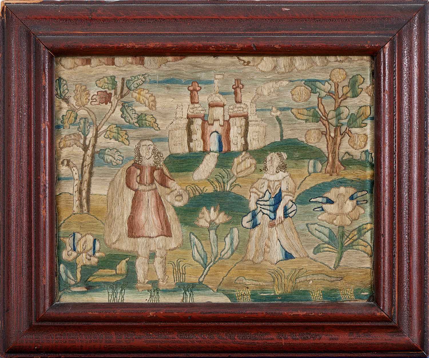 A CHARLES II STUMPWORK AND SILK EMBROIDERED PICTURE