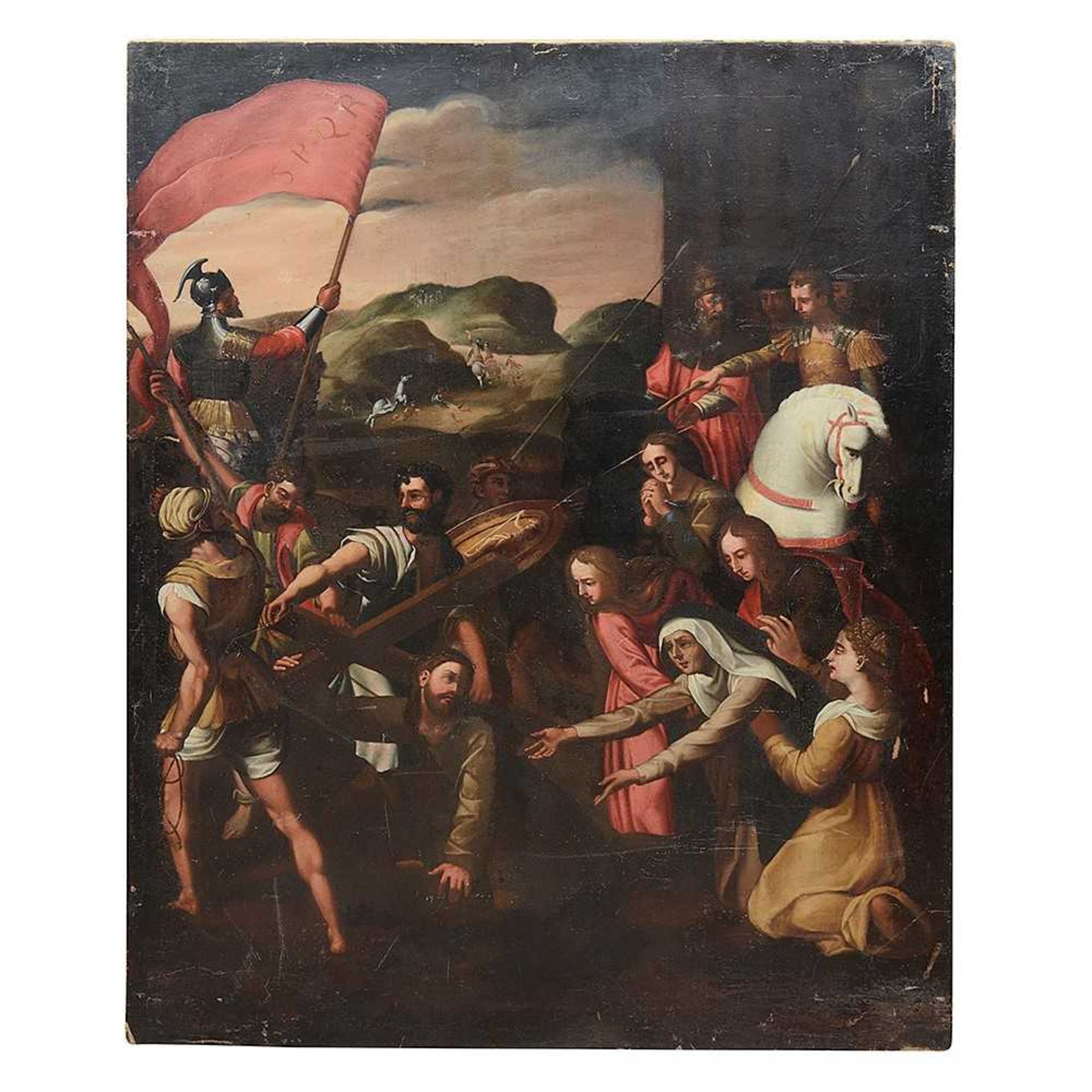 A LARGE 17TH / 18TH CENTURY PAINTING OF CHRIST FALLING ON THE WAY TO CALVARY AFTER RAPHAEL - Image 9 of 14