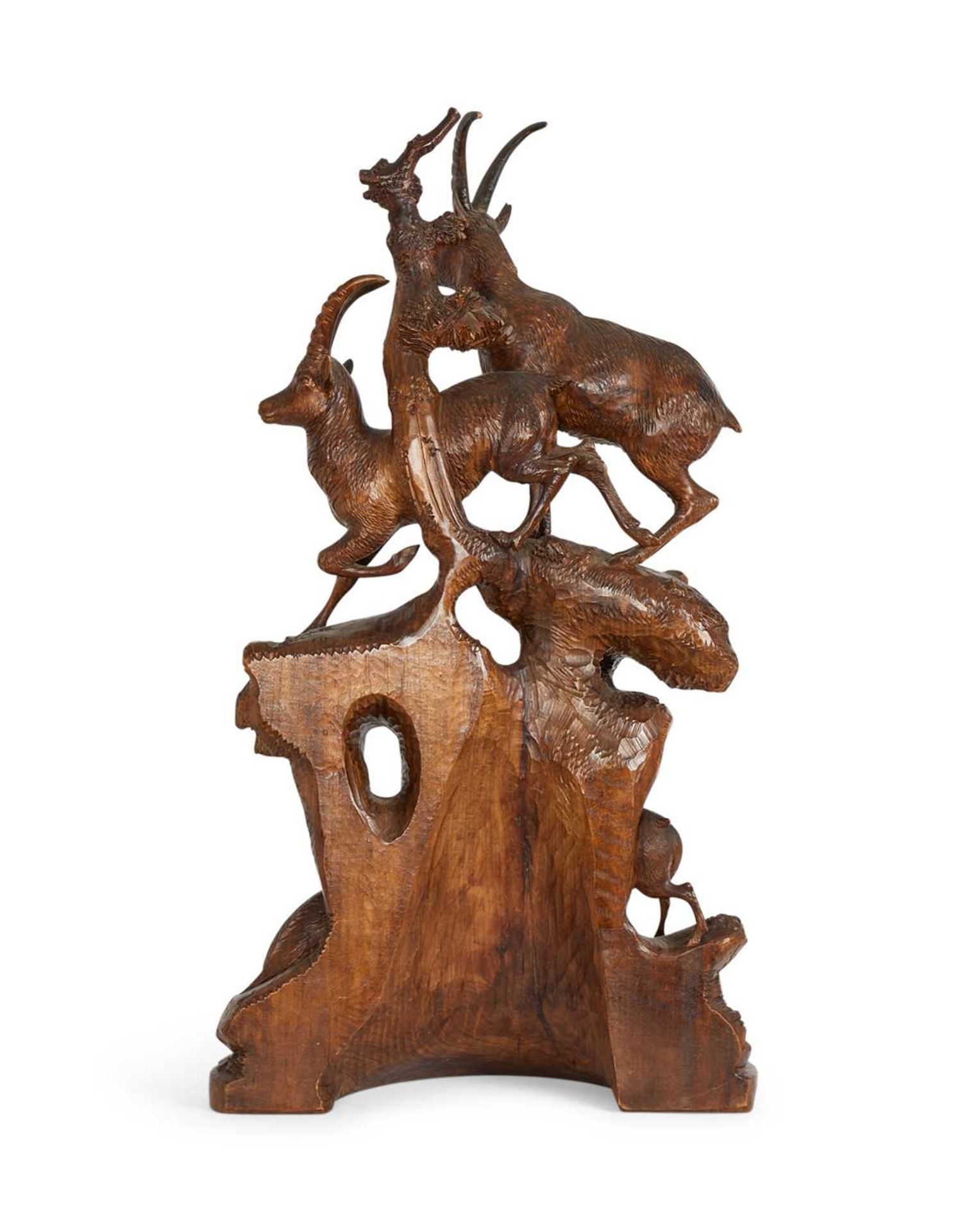 A LARGE LATE 19TH CENTURY BLACK FOREST CARVED LINDENWOOD GROUP OF IBEXES - Image 2 of 5
