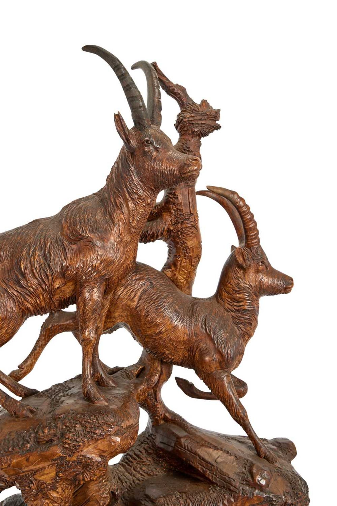A LARGE LATE 19TH CENTURY BLACK FOREST CARVED LINDENWOOD GROUP OF IBEXES - Image 3 of 5