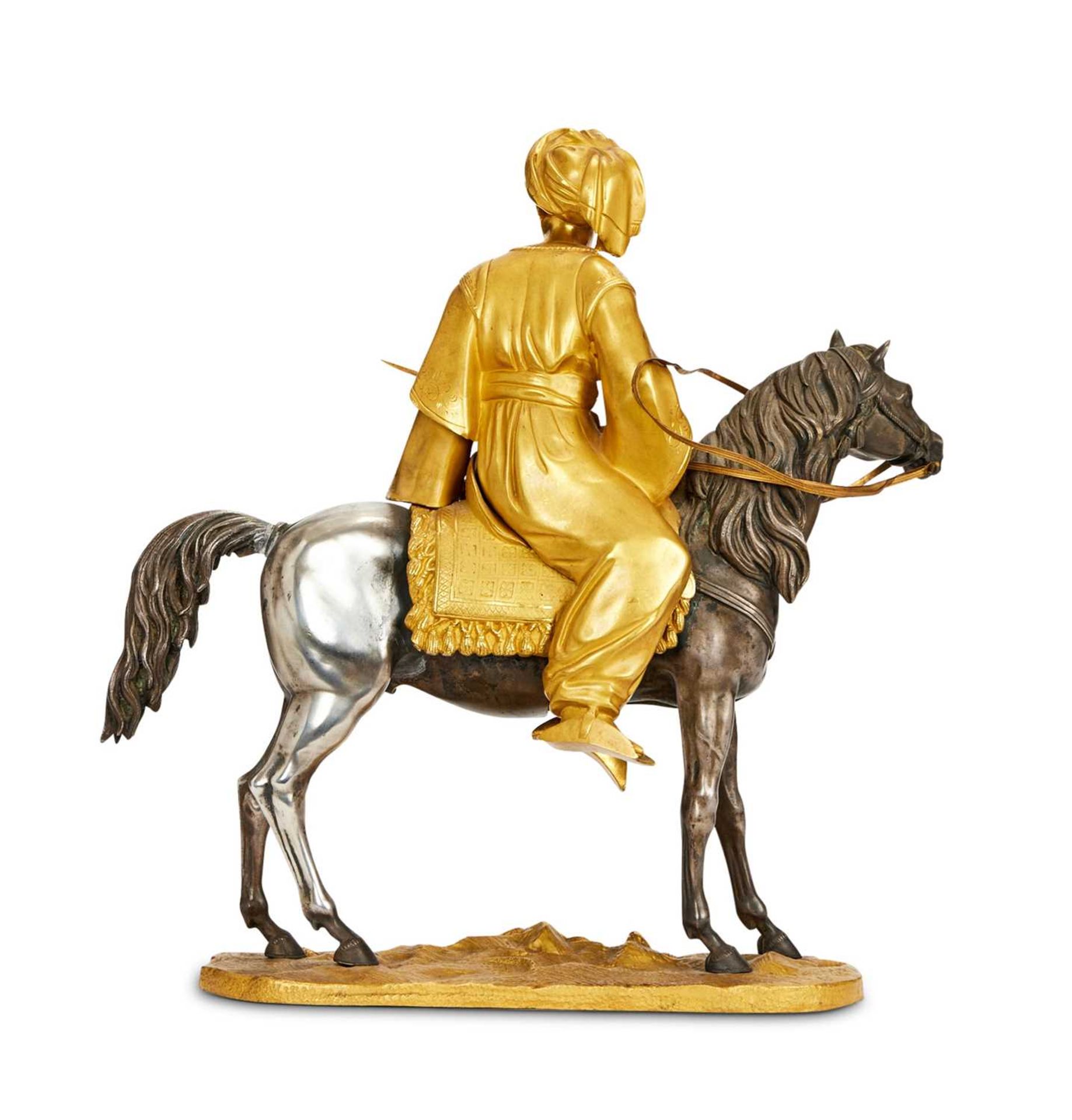 A MID 19TH CENTURY FRENCH GILT AND PATINTED BRONZE FIGURE OF A MAMELUK WITH HORSE - Image 2 of 5