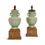 A PAIR OF 19TH CENTURY CENTURY CHINESE CELADON PORCELAIN VASES CONVERTED TO LAMPS