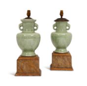 A PAIR OF 19TH CENTURY CENTURY CHINESE CELADON PORCELAIN VASES CONVERTED TO LAMPS
