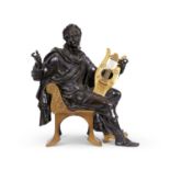 A LARGE EMPIRE PERIOD EARLY 19TH CENTURY FRENCH BRONZE AND ORMOLU FIGURE OF A CLASSICAL MUSICIAN