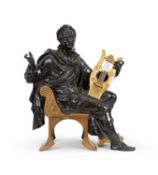 A LARGE EMPIRE PERIOD EARLY 19TH CENTURY FRENCH BRONZE AND ORMOLU FIGURE OF A CLASSICAL MUSICIAN