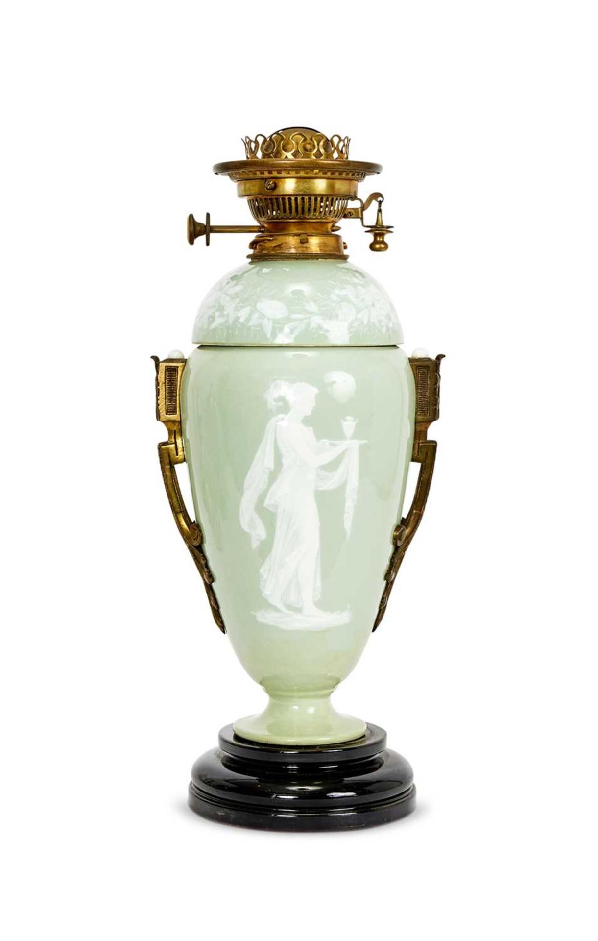 A LATE 19TH CENTURY CELADON PATE SUR PATE PORCELAIN LAMP BASE BY JAMES HINKS