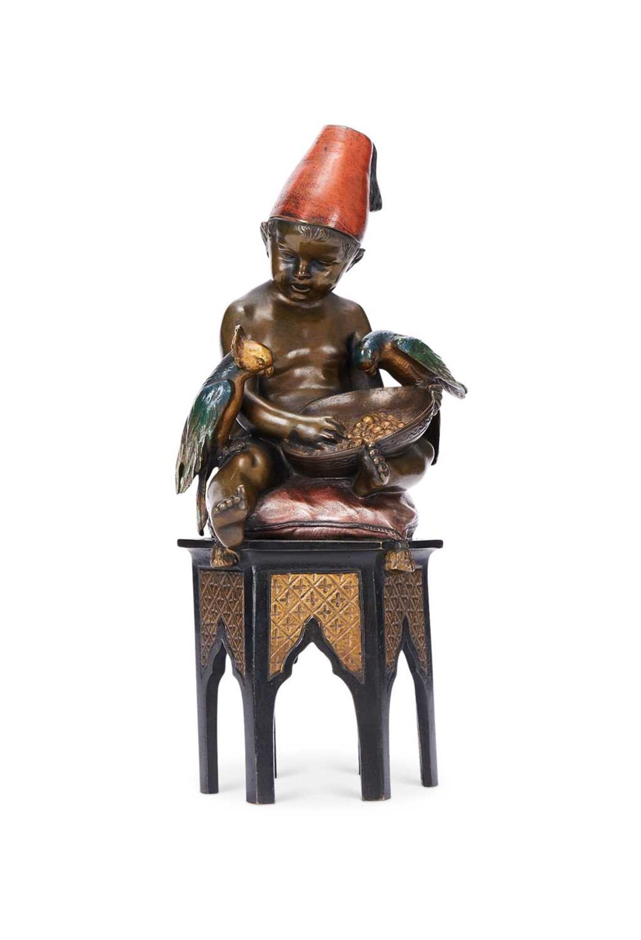 RICHARD THUSS (AUSTRIAN, FL. EARLY 20TH C): AN ORIENTALIST COLD PAINTED BRONZE OF A BOY WITH PARROTS