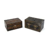AN EARLY 19TH CENTURY PENWORK BOX, TOGETHER WITH A TEA CADDY