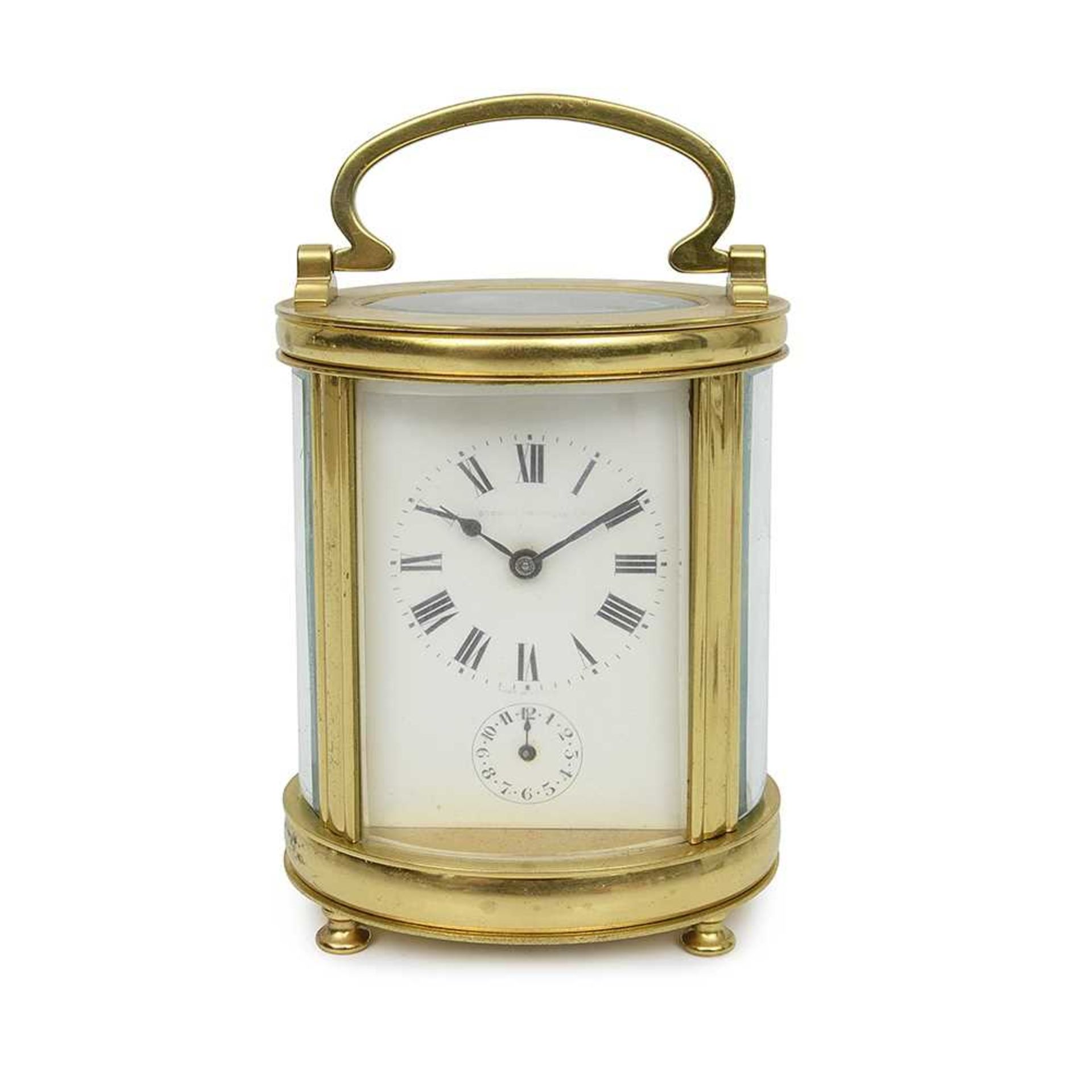 A LATE 19TH CENTURY FRENCH GILT BRASS CARRIAGE CLOCK WITH ALARM