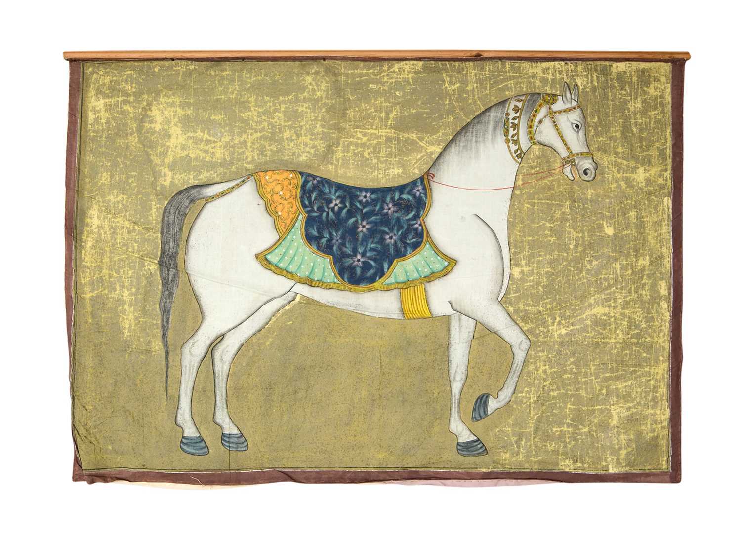 A LARGE EARLY 20TH CENTURY INDIAN GOUACHE ON LINEN PANEL OF A HORSE