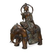 A LARGE CHINESE QING DYNASTY STYLE BRONZE AND CLOISONNE ENAMEL GROUP OF GUANYIN ON AN ELEPHANT