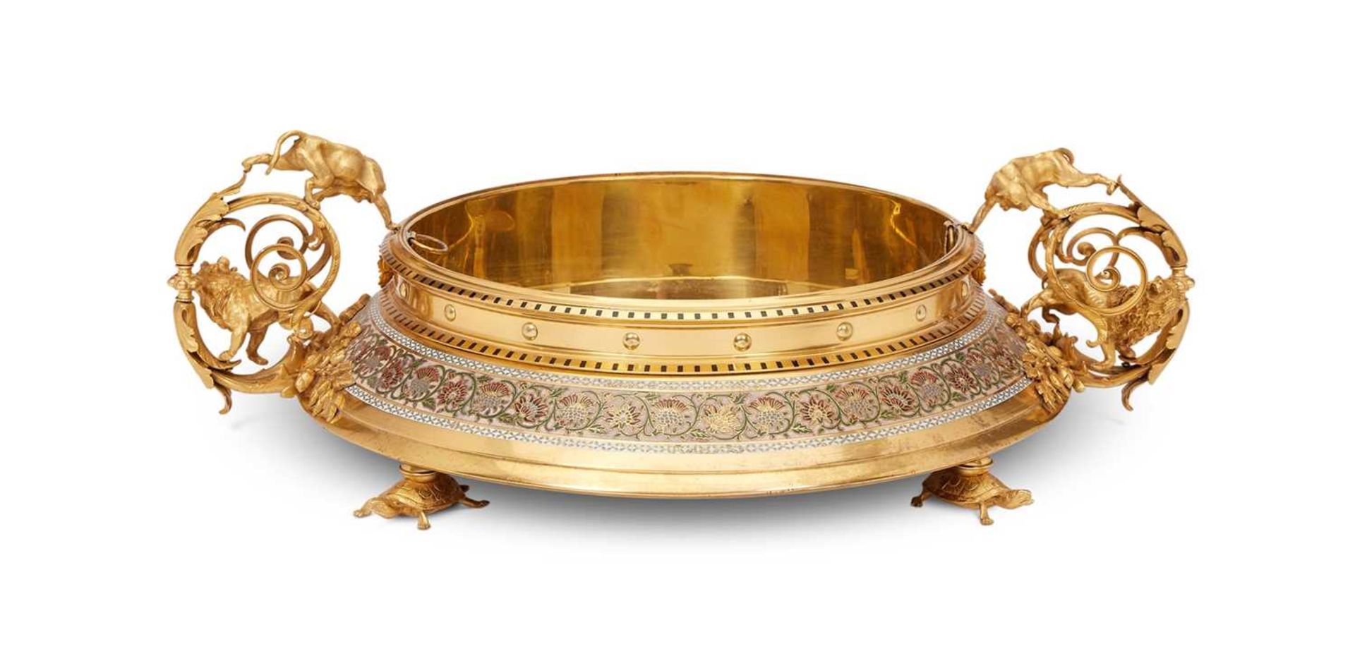 AN IMPRESSIVE 19TH CENTURY GILT BRONZE AND CHAMPLEVE ENAMEL JARDINIERE