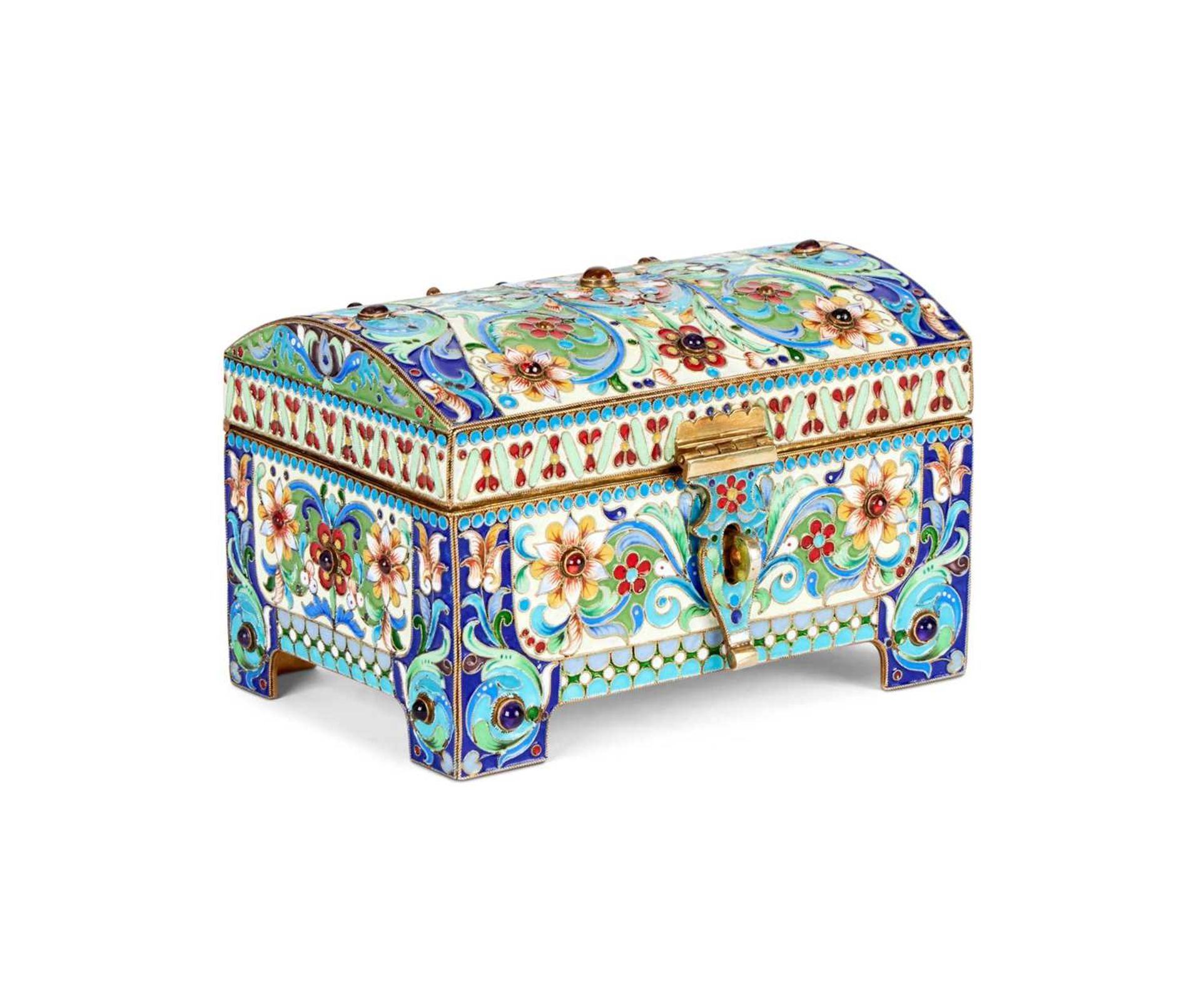 A SILVER GILT, CLOISONNE ENAMEL AND JEWELLED RUSSIAN STYLE CASKET
