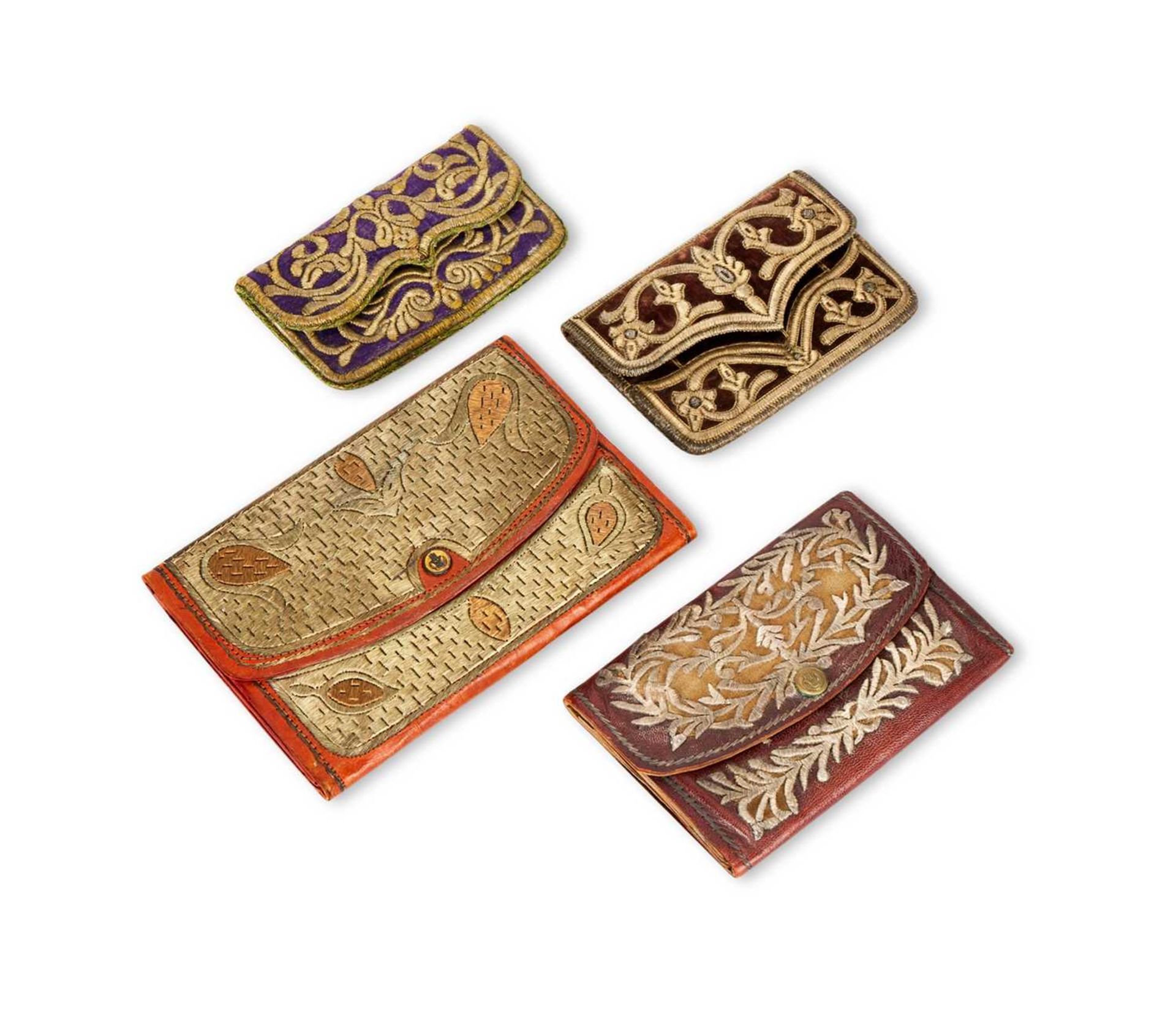 FOUR 18TH / 19TH CENTURY OTTOMAN GOLD AND SILVER THREAD EMBROIDERED BAGS