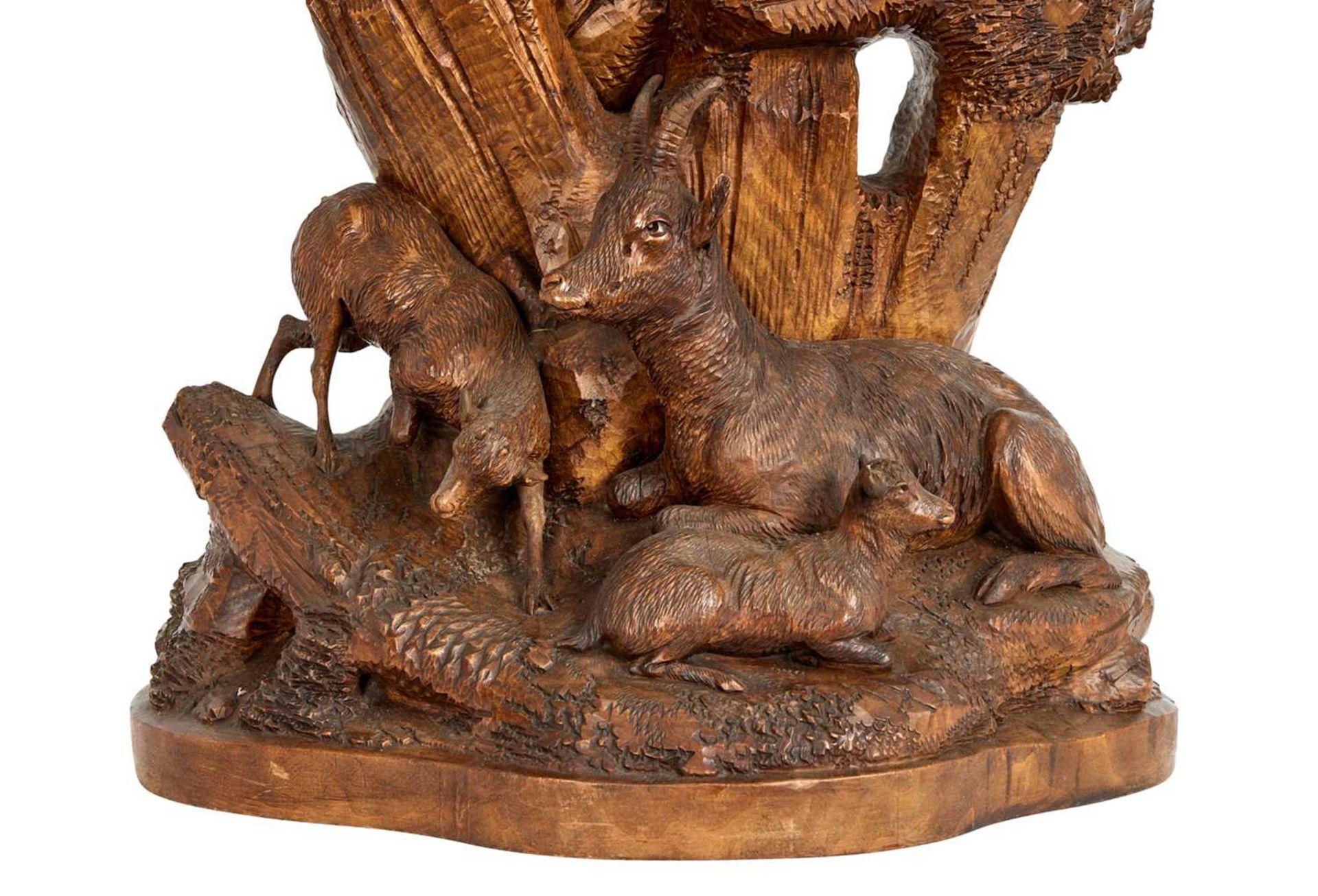A LARGE LATE 19TH CENTURY BLACK FOREST CARVED LINDENWOOD GROUP OF IBEXES - Image 4 of 5