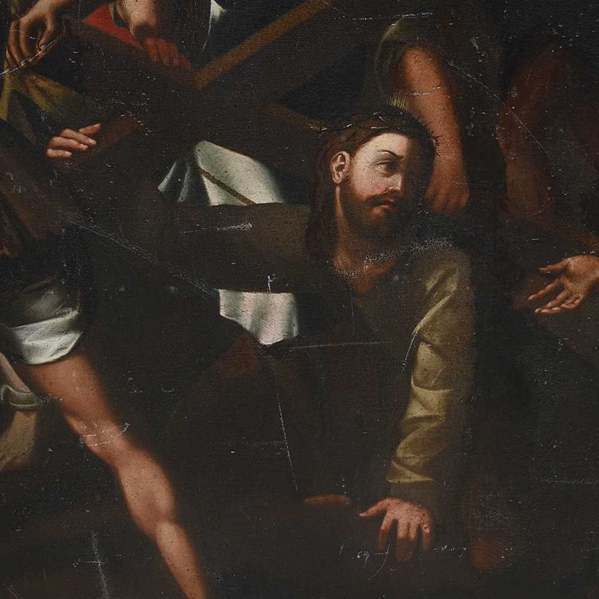 A LARGE 17TH / 18TH CENTURY PAINTING OF CHRIST FALLING ON THE WAY TO CALVARY AFTER RAPHAEL - Image 5 of 14