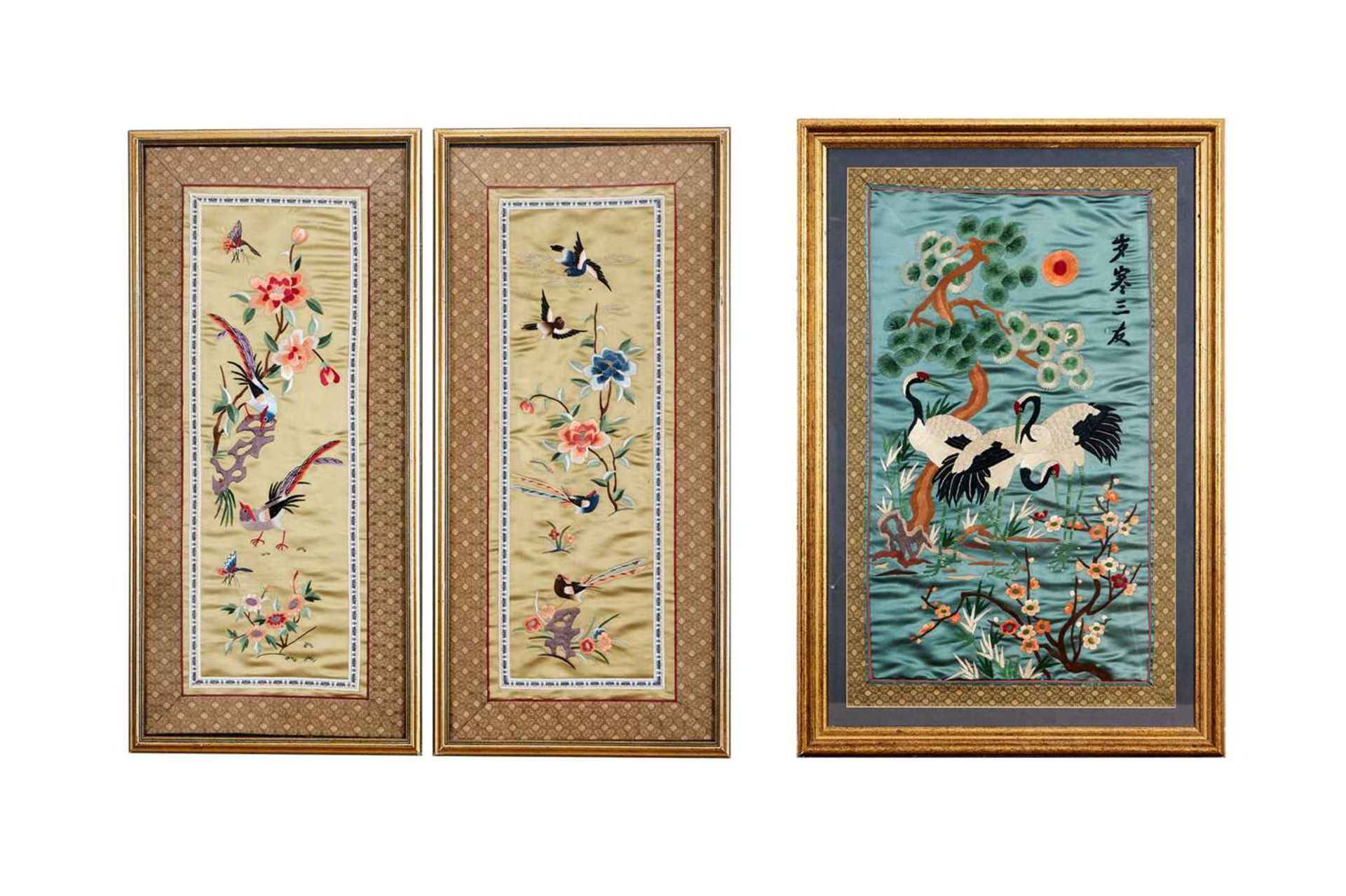 THREE CHINESE SILK EMBROIDERY PICTURES OF BIRDS