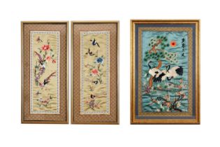 THREE CHINESE SILK EMBROIDERY PICTURES OF BIRDS