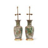 A PAIR OF 19TH CENTURY CHINESE CRACKLE GLAZED PORCELAIN VASES CONVERTED TO LAMPS