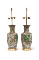 A PAIR OF 19TH CENTURY CHINESE CRACKLE GLAZED PORCELAIN VASES CONVERTED TO LAMPS