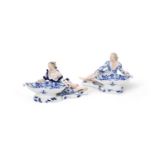 MEISSEN: A PAIR OF LATE 19TH CENTURY BLUE ONION PATTERN FIGURAL SWEET MEAT DISHES