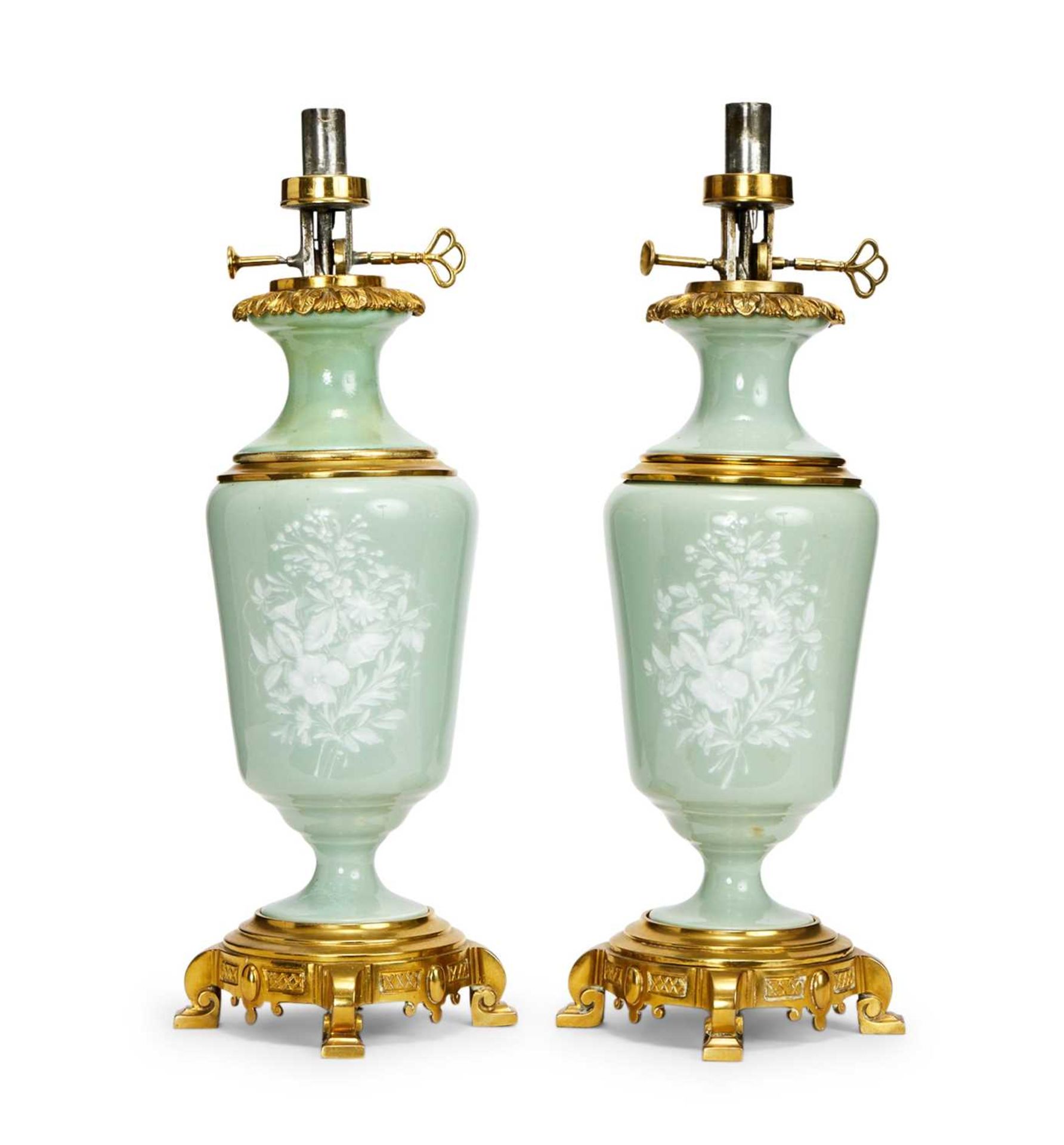 A PAIR OF LATE 19TH CENTURY CELADON PATE SUR PATE PORCELAIN AND ORMOLU MOUNTED LAMP BASES - Image 2 of 2