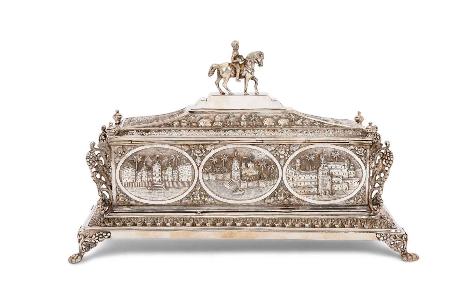 A FINE 19TH CENTURY INDIAN SILVER SCROLL HOLDER / CASKET - Image 2 of 3