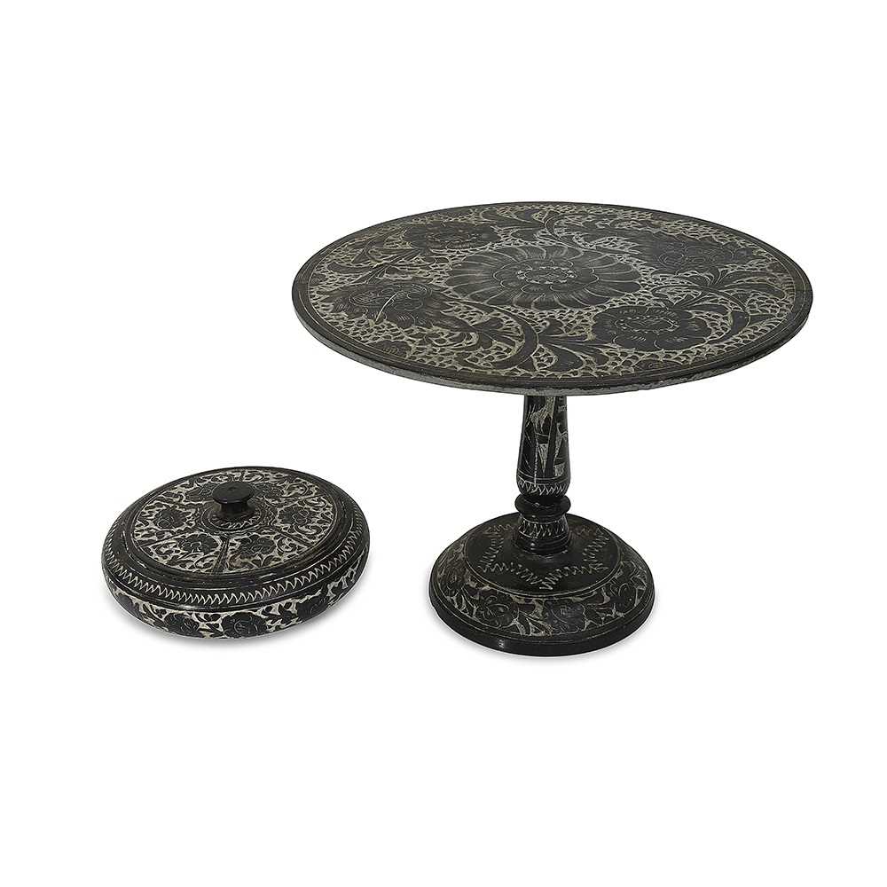 A PERSIAN CARVED STONEWARE BOX AND STAND